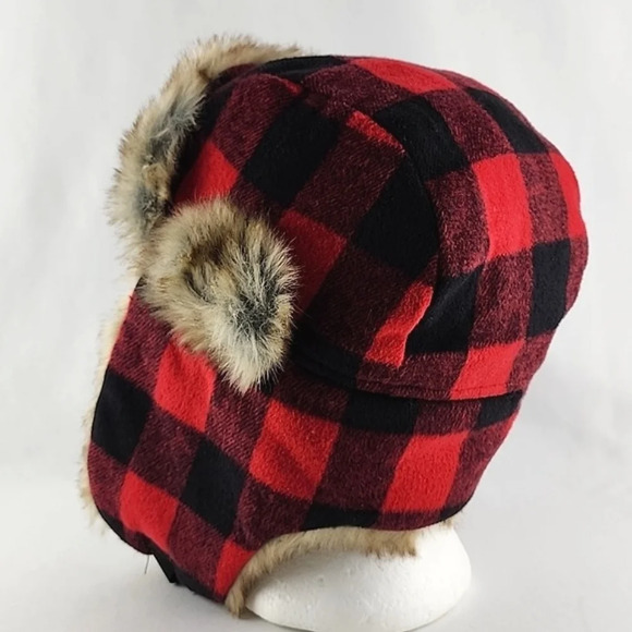 Old Navy Red Black Cherckered Trapper Winter Hat Faux Fur Size L - XL - Picture 5 of 10